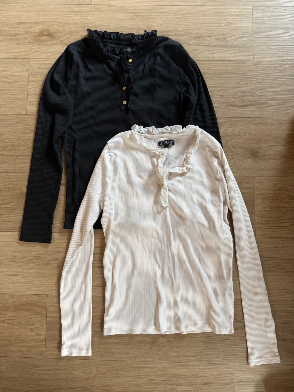 J. Crew Ruffle Neck Ribbed Henley Long-Sleeve Tops - Black & White